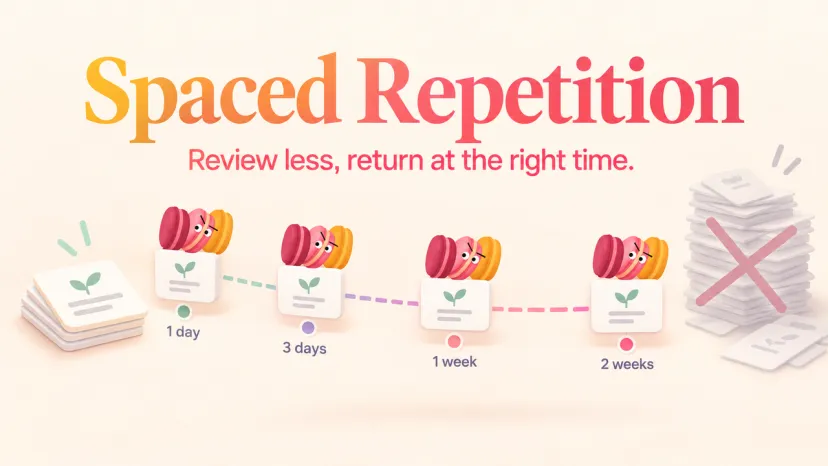 Spaced Repetition Without Overstudying Flashcards returning on wider intervals illustrate spaced repetition without an overwhelming review pile.