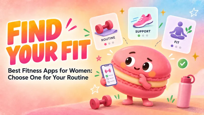 Cartoon macaron mascot selecting workout routines from the best fitness apps for women.