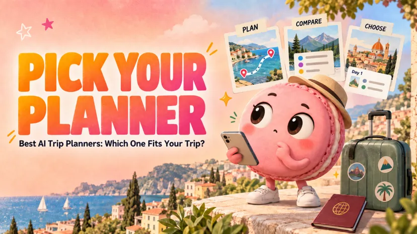 Pick Your Planner: Guide to the Best AI Trip Planners A cute cartoon character with a suitcase choosing among the best ai trip planners for a coastal trip.