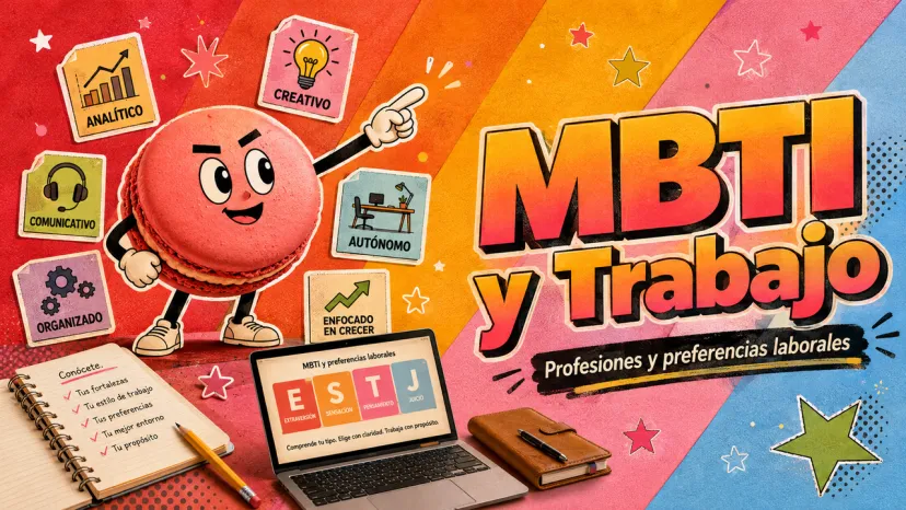 Infografía ilustrada con un personaje de macarrón mostrando etiquetas con habilidades laborales y un portátil con las siglas MBTI (ESTJ).