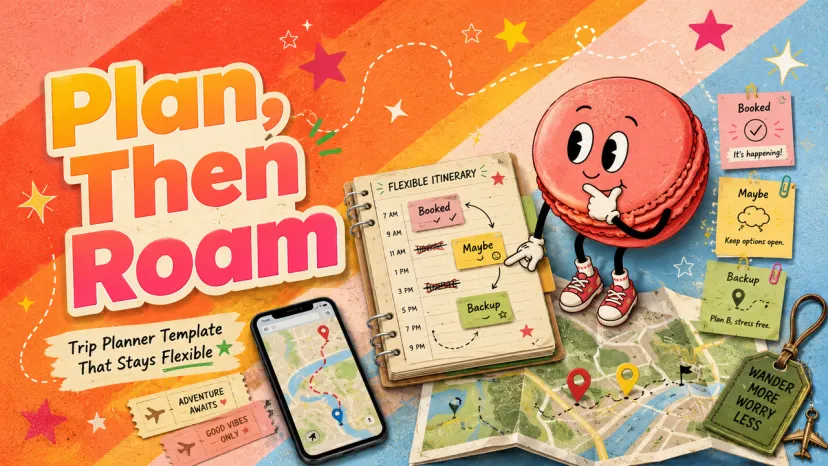 Flexible Trip Planner Template for Stress-Free Travel A colorful, illustrated trip planner template showing a flexible itinerary, travel map, and sticky notes to help you organize your next adventure.