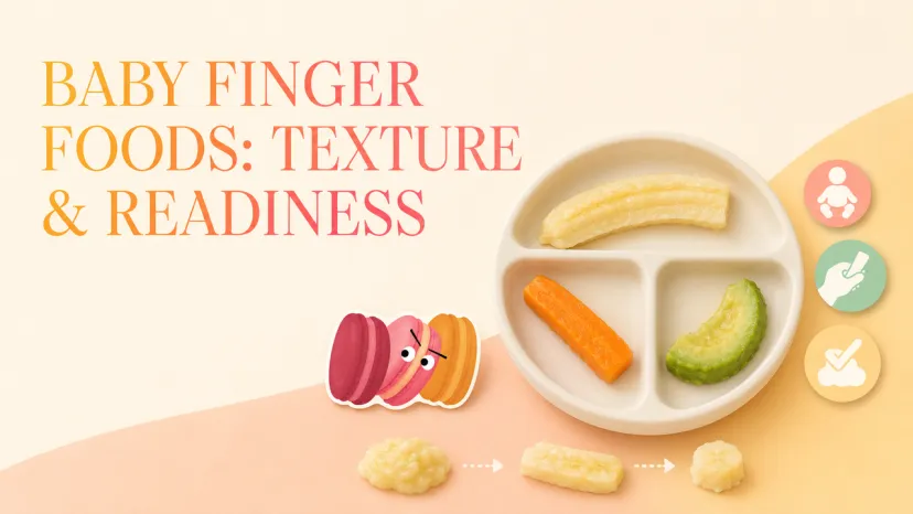 Soft Baby Finger Foods Texture and Readiness Guide Safe baby finger foods like soft banana, carrot, and avocado slices on a divided silicone plate.