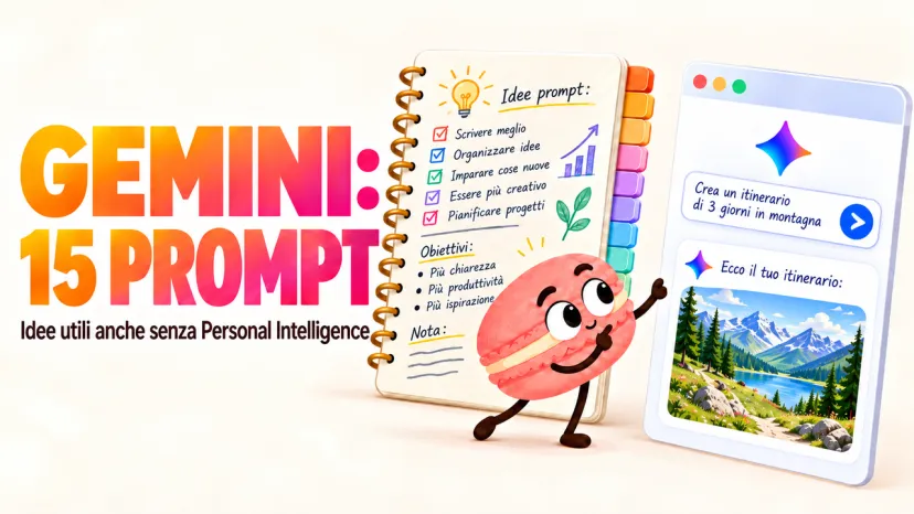 Infografica con un quaderno di idee per inserire un prompt Gemini e pianificare itinerari o progetti.