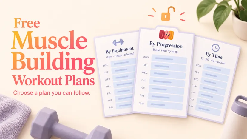 Three free muscle building workout plans shown as printable schedules with equipment and progression symbols.