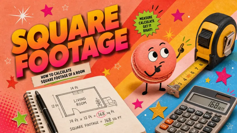 A colorful guide showing a notebook, calculator, and tape measure explaining how to calculate square footage of a room.