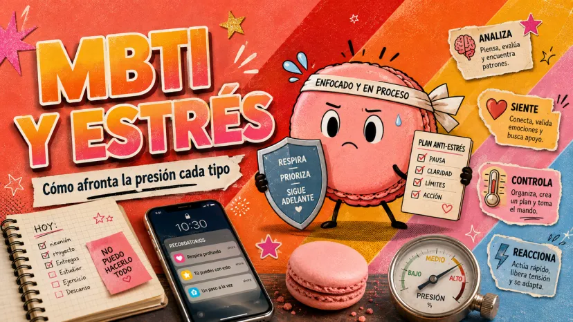 Infografía sobre el manejo del estrés según el MBTI con estrategias como analizar, sentir, controlar y reaccionar.