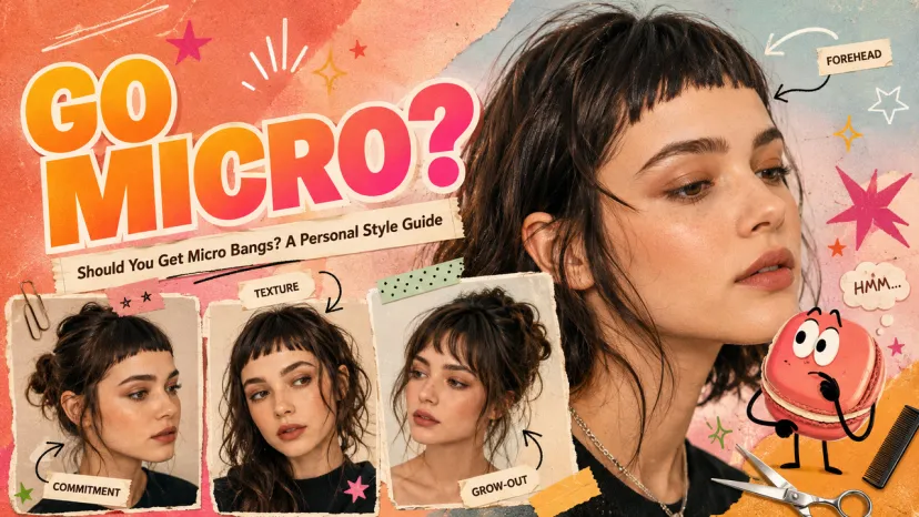 A colorful personal style guide exploring if you should get micro bangs, highlighting texture, commitment, and grow-out tips.