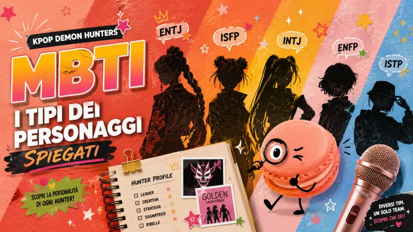 Copertina sui tipi MBTI dei personaggi di K-Pop Demon Hunters con silhouette e microfono.