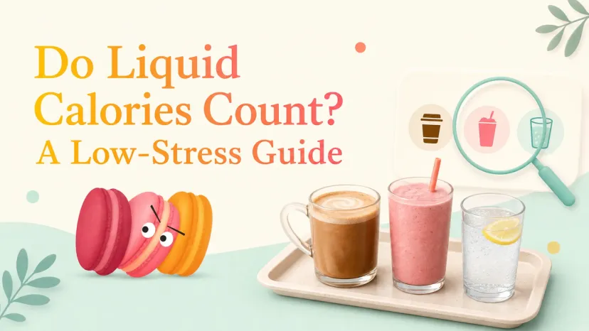 Guide to Understanding If Do Liquid Calories Count Coffee, a smoothie, and sparkling water on a tray with a magnifying glass illustrating do liquid calories count.