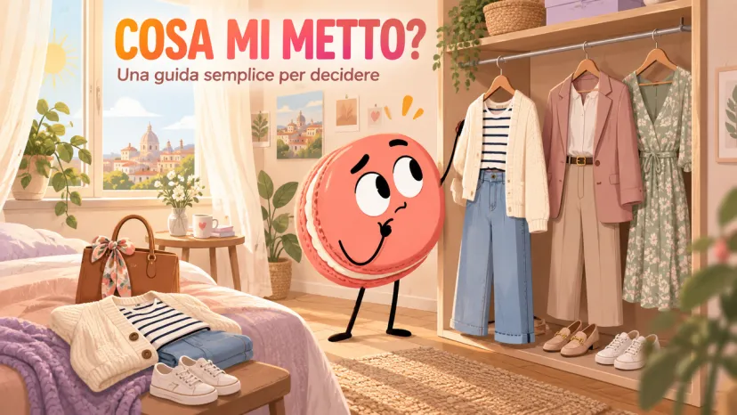 Personaggio confuso davanti all'armadio. Guida per decidere cosa mi metto oggi con stile e semplicità.