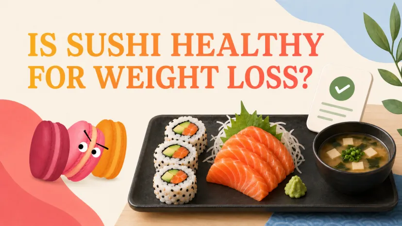 A plate of salmon sashimi, maki rolls, and miso soup evaluating if is sushi healthy for weight loss.
