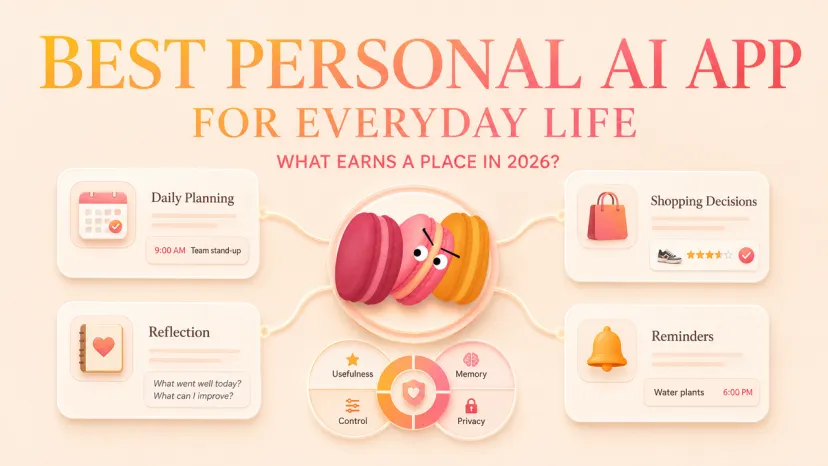 Best personal AI app graphic for daily planning, reflection, shopping decisions, reminders, memory, control, and privacy.