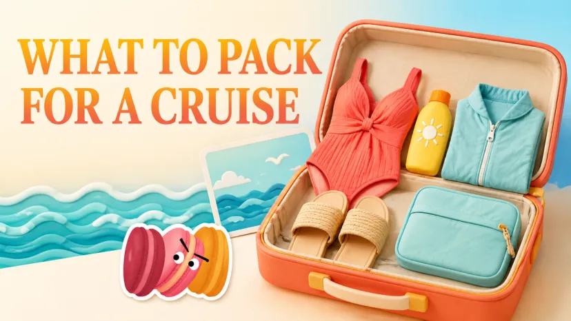 A claymation suitcase with a swimsuit and sunscreen, illustrating what to pack for a cruise holiday. 