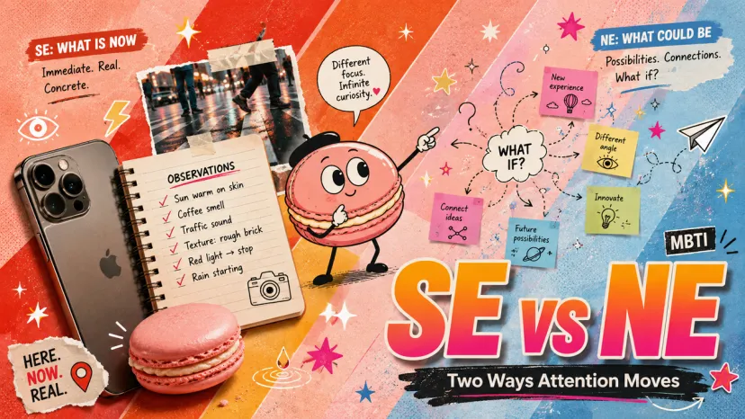 SE vs NE Two Ways Attention Moves MBTI Banner Vibrant banner comparing real-time focus in Se vs Ne MBTI cognitive functions.