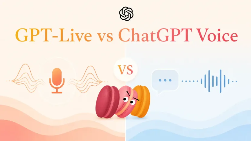 Comparing GPT-Live vs ChatGPT Voice features with waveform graphics and microphone icons.