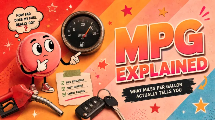An educational cartoon graphic explaining the mpg meaning, featuring a fuel gauge, car keys, and gas pump.