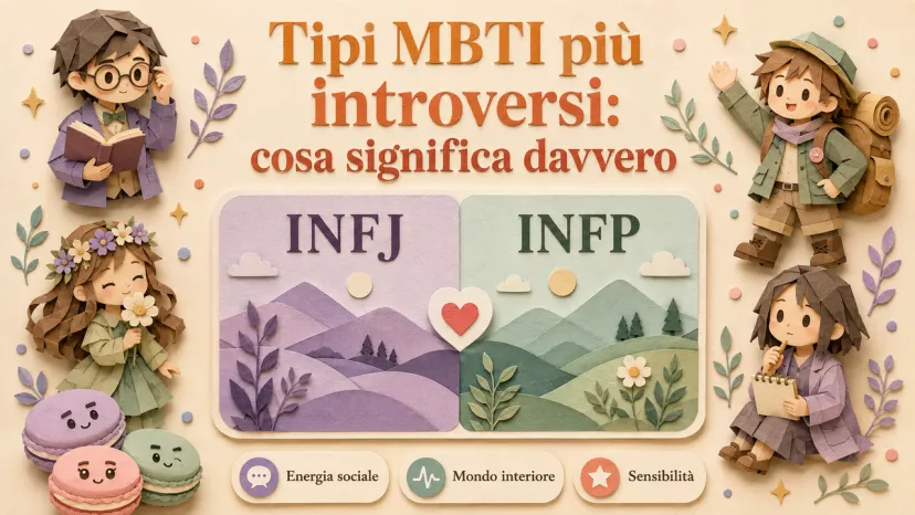 Tipi MBTI Più Introversi e Differenze tra INFJ e INFP Copertina sui tipi MBTI più introversi con focus su INFJ e INFP tra energia sociale e mondo interiore.