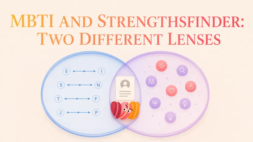A diagram comparing MBTI and StrengthsFinder as two different lenses for personal growth.
