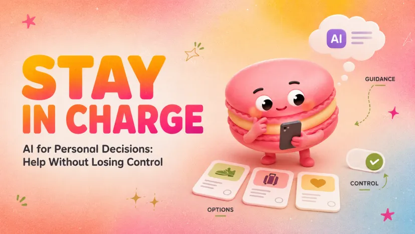 A cartoon macaron holding a phone, demonstrating how to use AI for personal decisions while retaining control.