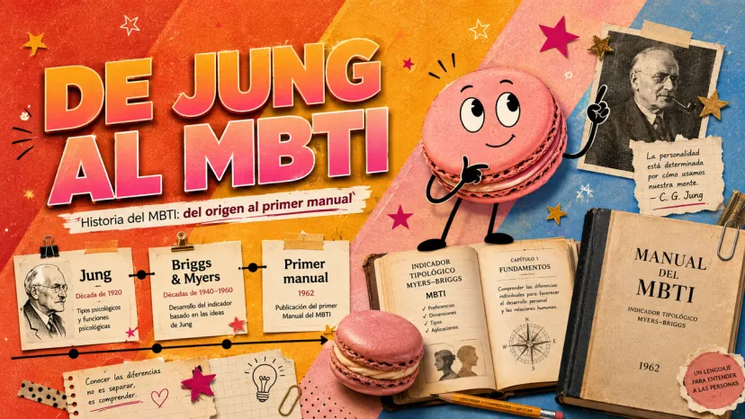 Banner ilustrado de estilo retro con un macarrón sonriente junto al retrato de Carl Jung y un diagrama sobre la evolución del MBTI.