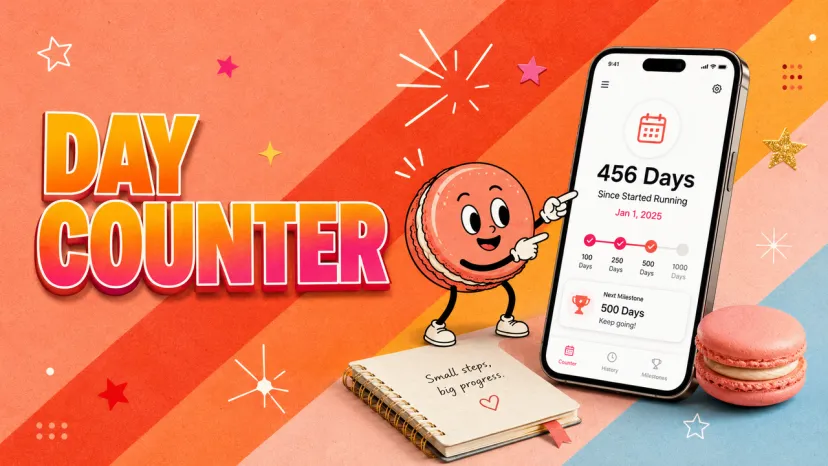 Day Counter App: Track and Celebrate Running Milestones. a fun day counter app illustration where a macaron points to a phone with running days