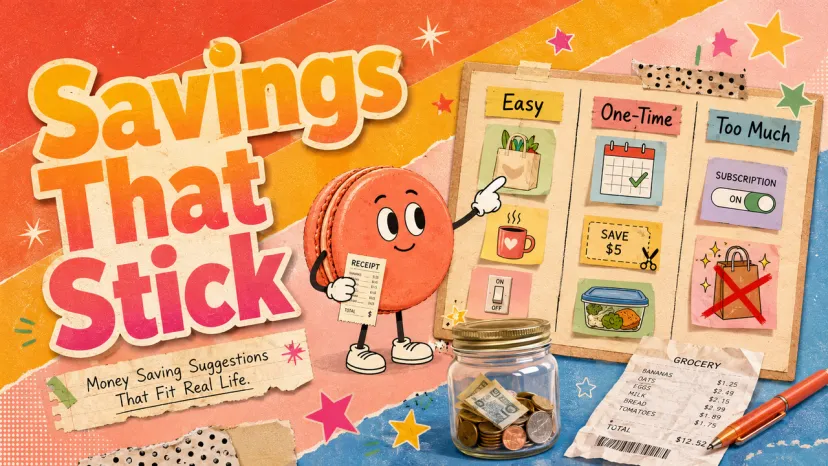 Colorful illustration displaying everyday money saving suggestions like tracking grocery costs and saving spare change.