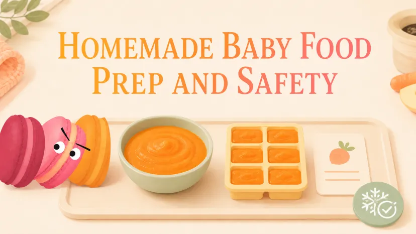 Visual Guide to Homemade Baby Food Prep and Safety An illustrative banner with a bowl of orange carrot puree and freezing trays for storing homemade baby food safely.