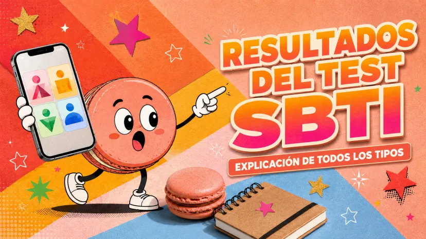 Ilustración colorida sobre los tipos SBTI, mostrando un macaron animado y un celular con avatares de personalidad.