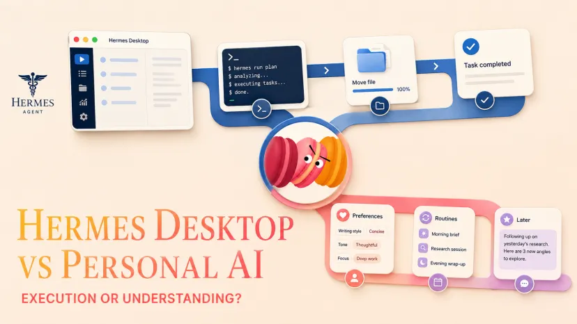 Hermes Desktop vs Personal AI Execution Comparison Banner A banner comparing task execution and personal context in hermes desktop vs personal ai.