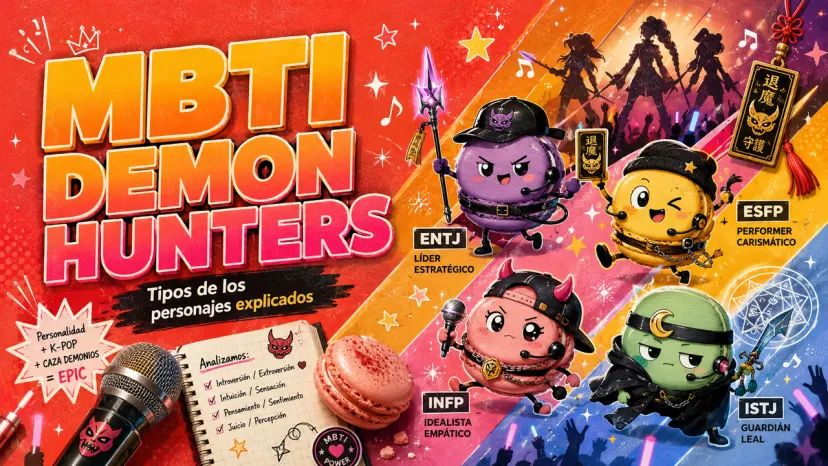 Tipos MBTI de los personajes de K-Pop Demon Hunters Cartel promocional con macarrones animados disfrazados de cazadores de demonios K-Pop para explicar perfiles MBTI como ENTJ, ESFP, INFP e ISTJ.