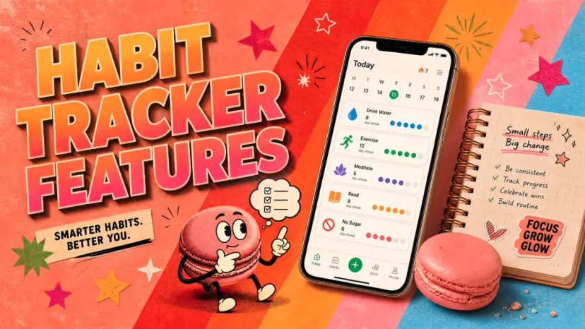 A playful illustration showing the best habit tracker app features on a smartphone with a notebook and daily goals.