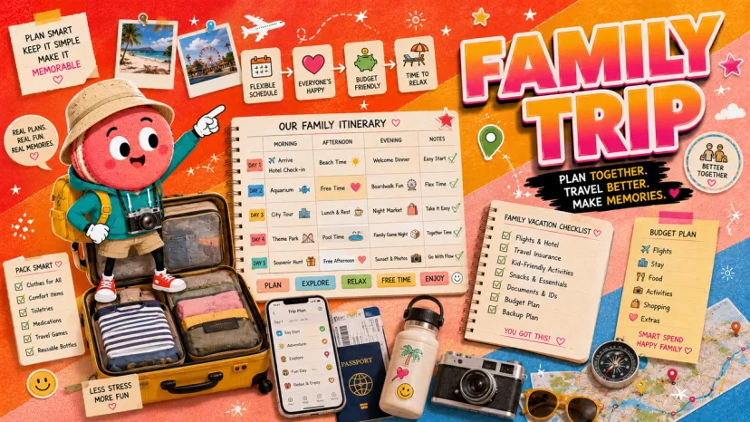 Detailed infographic with itineraries and checklists explaining how to plan a family vacation efficiently.