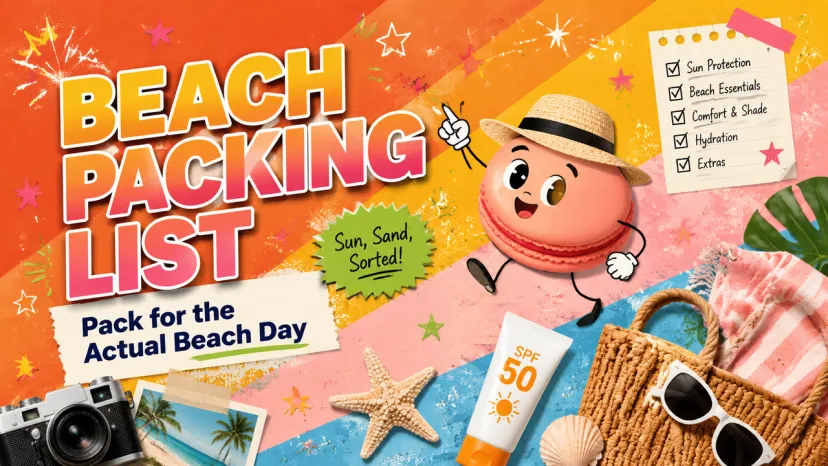 Colorful beach packing list infographic featuring a fun macaron character and essentials like SPF 50.