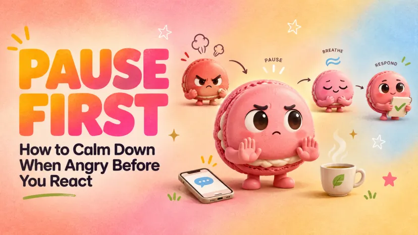An infographic illustrating how to calm down when angry using a step-by-step pause, breathe, and respond method.