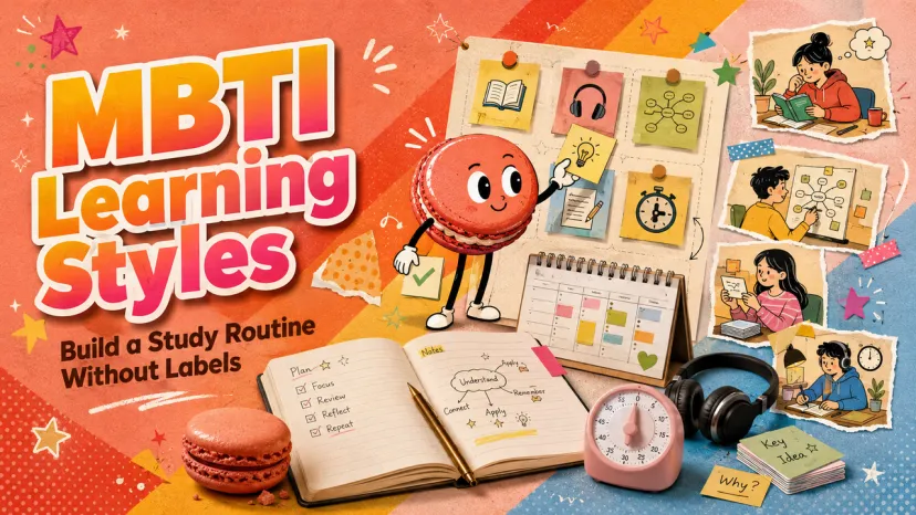 Visual overview of mbti learning style strategies, study planners, notebooks, and a timer.