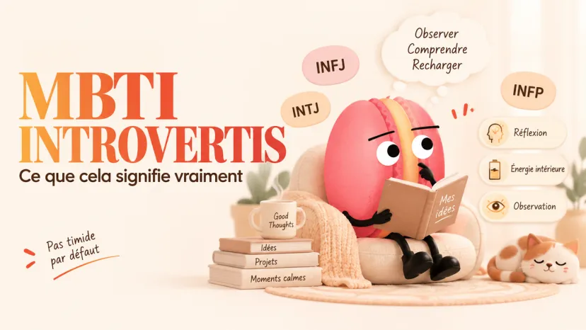 Une illustration colorée expliquant le concept de types MBTI les plus introvertis, avec un personnage en forme de cerveau lisant un livre.