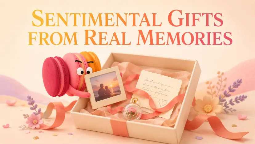 A cute macaron character holding a sunset photo near sentimental gifts like a locket, locket box, and memory frame. 