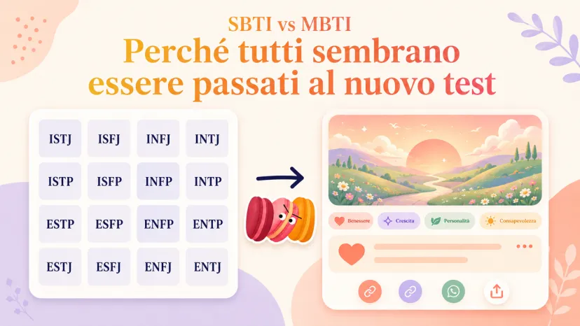 Banner di confronto tra SBTI vs MBTI che mostra i 16 tipi psicologici e una nuova scheda del Test SBTI.