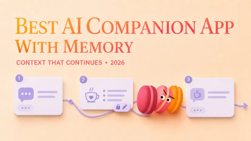Best AI companion app graphic showing continuous memory across conversations with context carried forward over time.