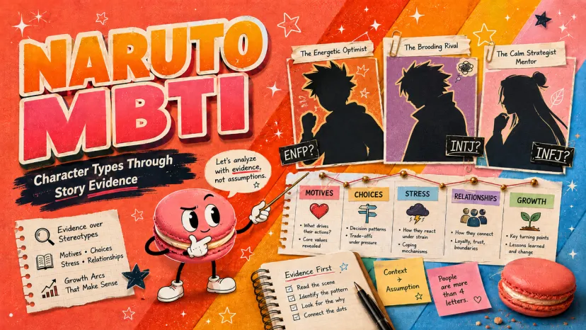 Naruto MBTI Character Analysis Banner Infographic banner breaking down Naruto character MBTI personality types based on story evidence rather than assumptions.