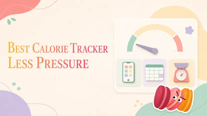Graphic showing a dial dashboard, calendar, and scale, showcasing features of the best calorie tracker.