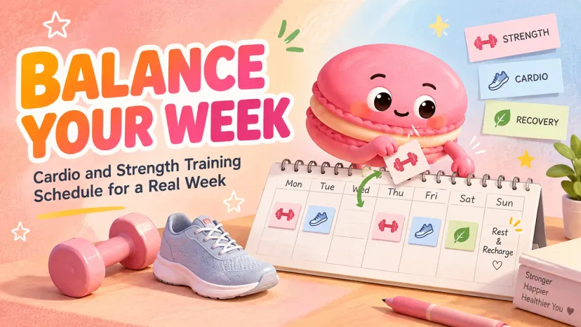 A colorful weekly calendar layout for a balanced cardio and strength training schedule, featuring icons and a cute macaron character.