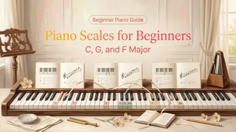 Learn basic piano scales for beginners, focusing on C, G, and F major keys with sheet music.