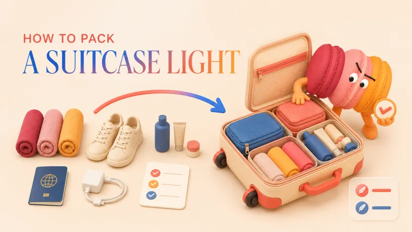 Step-by-step illustration showing how to pack a suitcase light with rolled clothes, packing cubes, shoes, toiletries and checklist, featuring a fun macaron character.