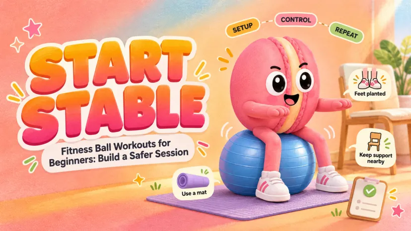 Cartoon macaron character sitting on a blue fitness ball workout to show proper stability and setup tips.