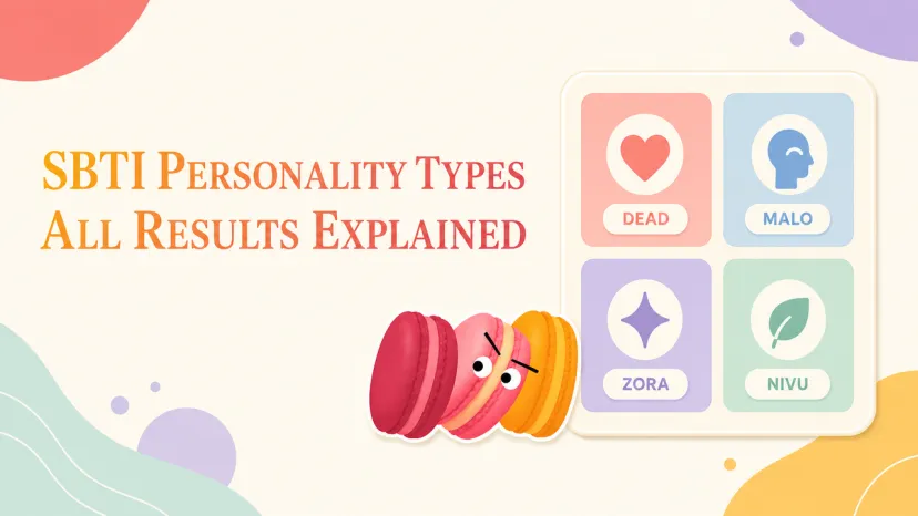 Overview infographic banner explaining four major SBTI personality types with cute icons.