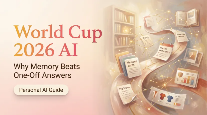 Concept graphic for a World Cup 2026 AI personal guide showing match predictions and reminders.