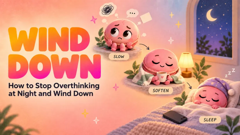 How to Stop Overthinking at Night and Wind Down An illustration on how to stop overthinking at night showing slow, soften, and sleep steps.