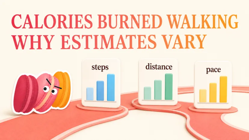 Macaron characters near steps, distance, and pace graphs explaining why estimates of calories burned walking vary.