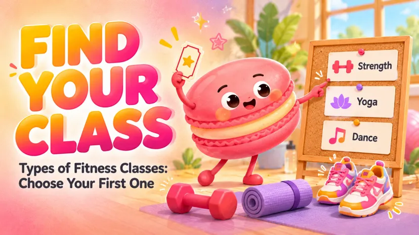 A colorful 3D illustration exploring types of fitness classes, featuring a cute macaron character, dumbbells, and a yoga mat.